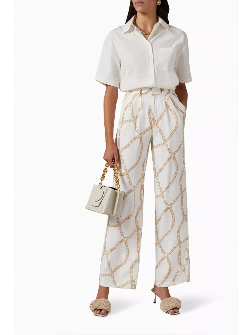 Anine Bing Carrie White Tan Neutral Chain Link Wide Leg Pants 40 Large